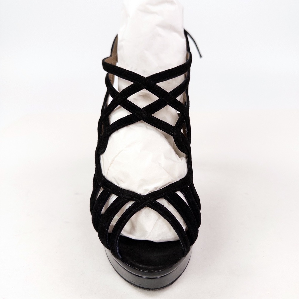 Bruno Magli Empress Black Suede Lace-Up Platform Heels Sandals Sz 38 w/ Box - Picture 7 of 11